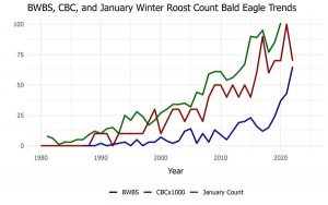 The Backyard Winter Bird Survey (BWBS) and Christmas Bird Count (CBC) are established participatory science initiatives that provide Bald Eagle winter population estimates closely mirroring the data collected during Winter Roost Surveys.